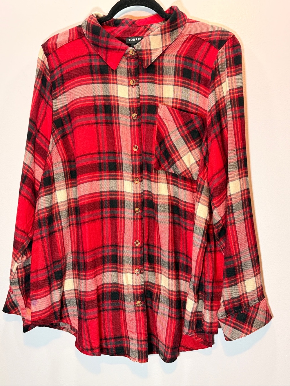 torrid Red Black Cream Plaid Button-Down Flannel Shirt